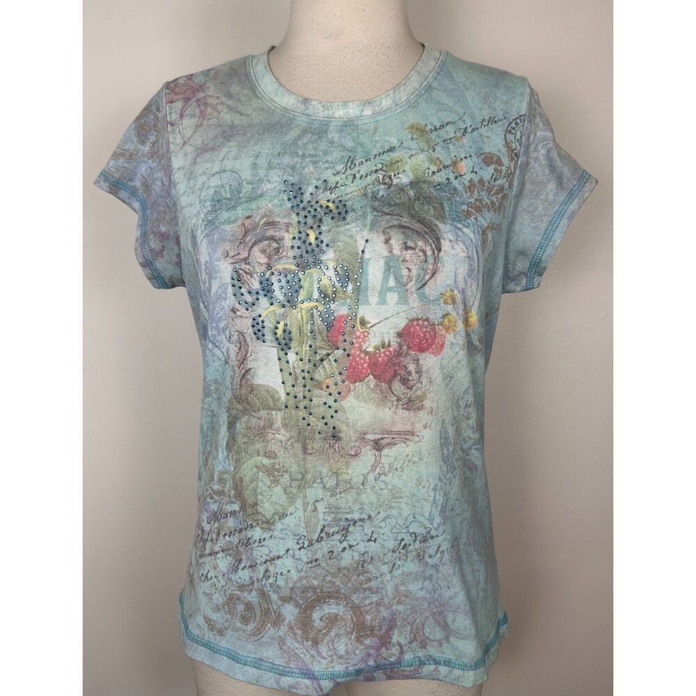 Xcit USA Vtg Top Women Medium Floral Rhinestone T Shirt Y2K Fairy Whimsigoth